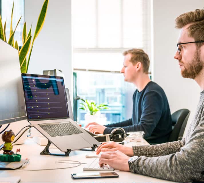 Two IT technicians using laptops