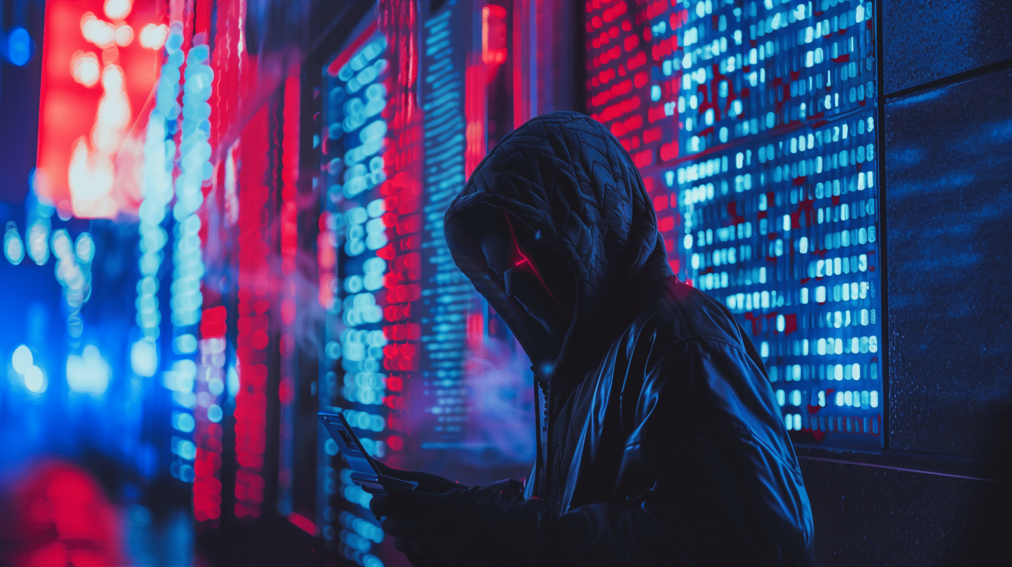 A man in a hoodie is checking his phone for network security.